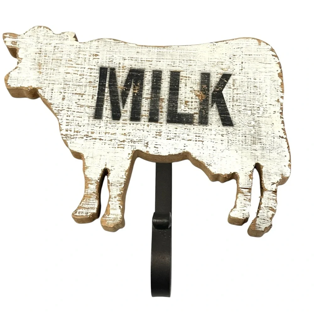 Rustic Wooden Cow Wall Hook “MILK” Farmhouse Kitchen Decor Coat Towel Hook 7.5”